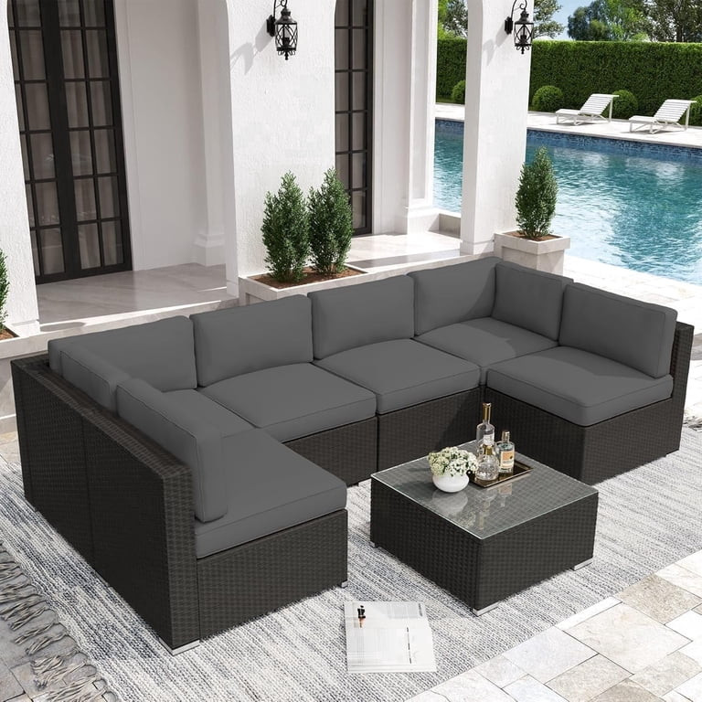 SOLAURA 7-Piece Patio Furniture Outdoor Black Wicker Rattan Sectional Sofa Set Conversation Set w... | Walmart (US)