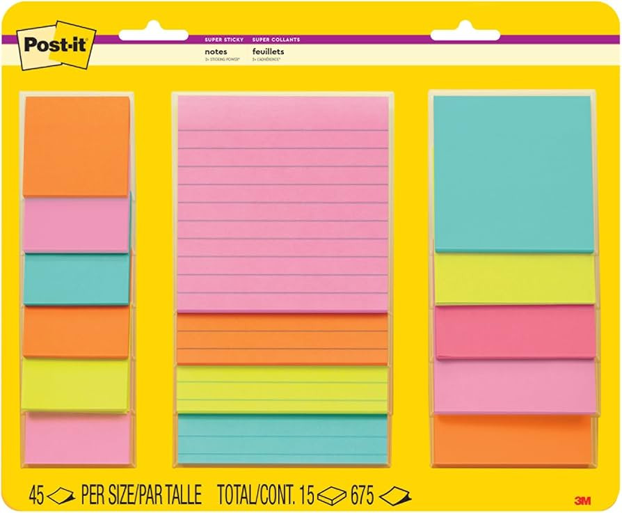 Post-it Super Sticky Notes, Assorted Sizes, 15 Pads, 2X The Sticking Power, Supernova Neons Colle... | Amazon (US)