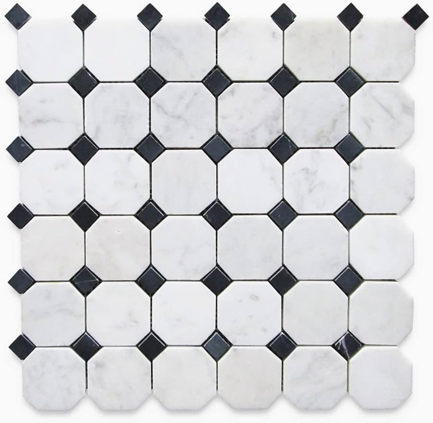 Stone Center Online Carrara White Marble 2 inch Octagon Mosaic Tile w/Nero Marquina Black Dots Ho... | Amazon (US)