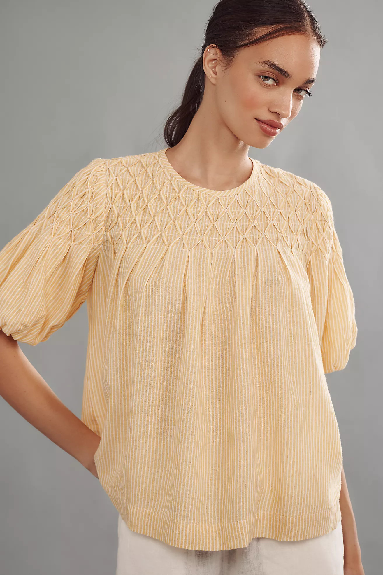 The Liza Puff-Sleeve Smocked Linen Top | Anthropologie (US)