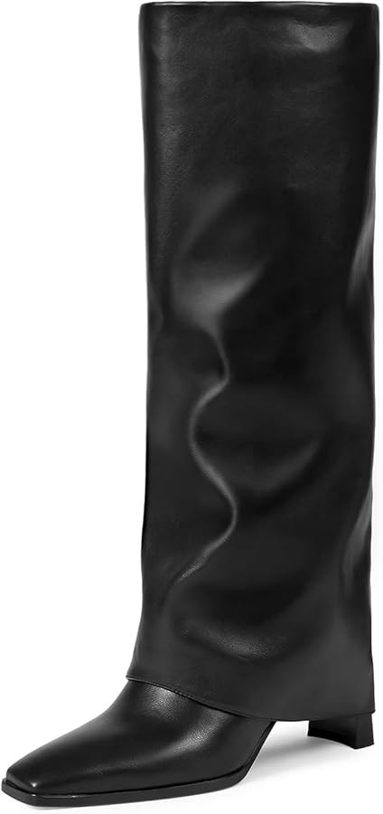 wetkiss Knee High Boots Women Fold Over Square Toe Chunky Heel with Half Zipper Long Knee High Dr... | Amazon (US)
