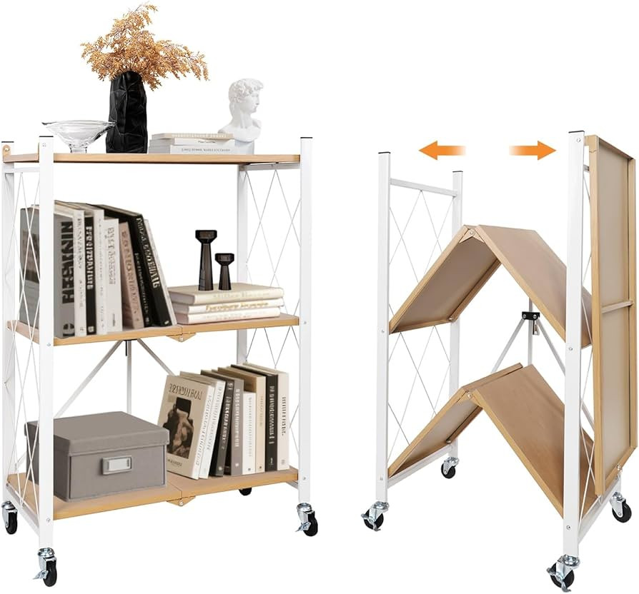 3 Tier Folding Shelf with Wheels, Metal Steel Collapsible Shelves, Folding Bookshelf no Assembly,... | Amazon (US)