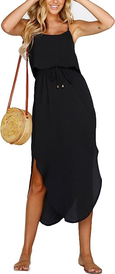 NERLEROLIAN Women's Adjustable Strappy Split Summer Beach Casual Midi Dress | Amazon (US)