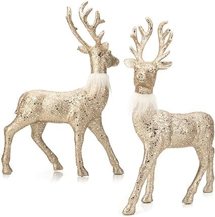 SANNO Reindeer Decorations Christmas Deer Decor Set of 2 Holiday Reindeer Figurines Standing Gold... | Amazon (US)