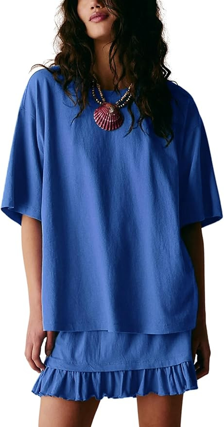 Esmeling Women Summer 2 Piece Skirt Sets Round Neck Short Sleeve Outfits Casual Tops and Pleated ... | Amazon (US)