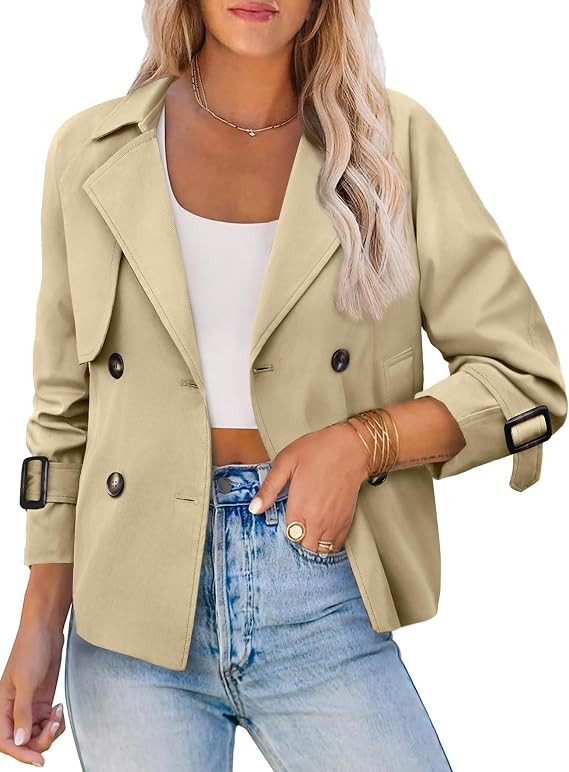 AGSEEM Womens Cropped Trench Coat Casual Double Breasted Long Sleeve Lapel Short Jackets with Poc... | Amazon (US)
