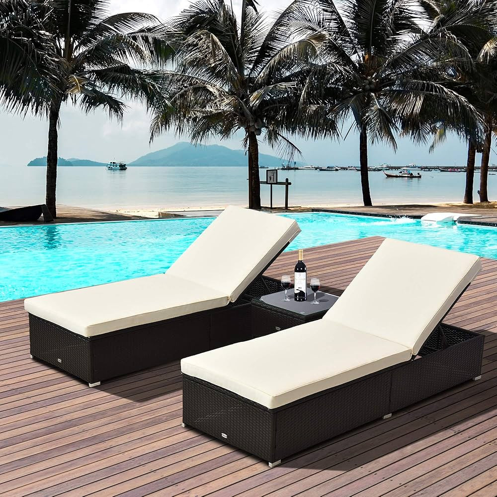 Outsunny 3pc Chaise Lounge Chair Set w/Side Table Outdoor Patio Synthetic Rattan Wicker Sun Bed S... | Amazon (CA)