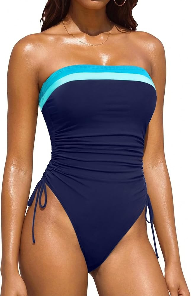Yonique Women Strapless One Piece Swimsuit Tummy Control Bandeau Bathing Suit Cheeky Swimwear | Amazon (US)
