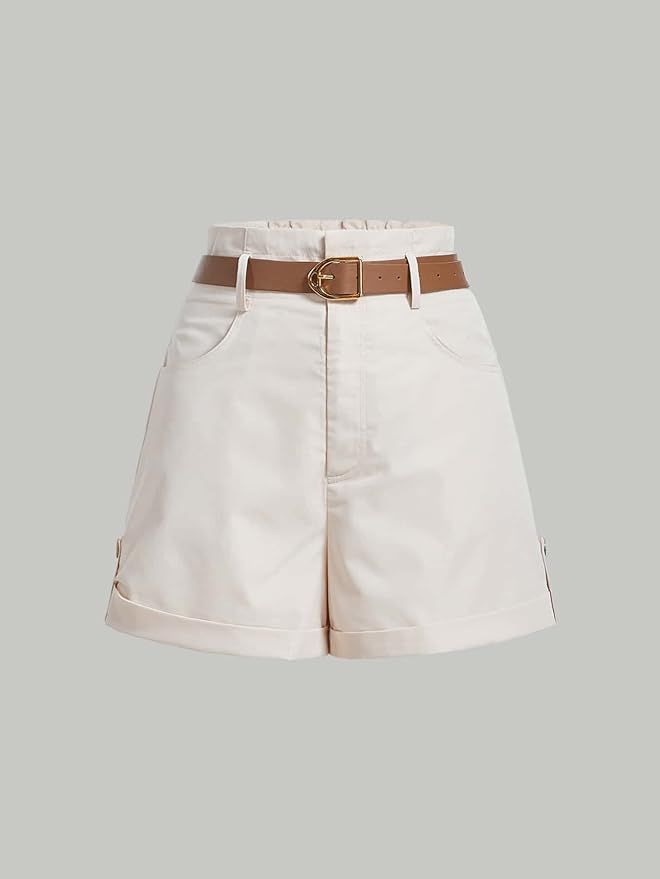 AKIOLOAS Women's Shorts Slant Pocket Belted Shorts Women's Shorts Shorts for Women (Color : Beige... | Amazon (US)