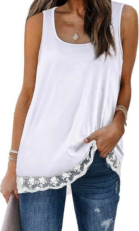 WIHOLL Womens Tank Tops Scoop Neck Lace Trim Casual Summer Sleeveless Tshirts | Amazon (US)