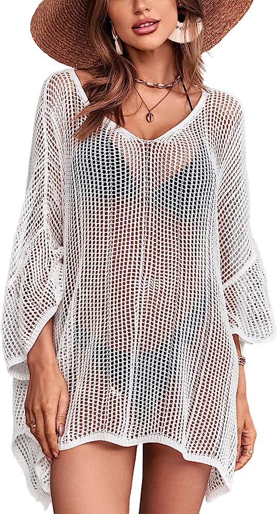 CUPSHE Women's Crochet Cover Up Bell Long 3/4 Sleeve V Neck Cover Up Set Loose Waisted Pull Over ... | Amazon (US)