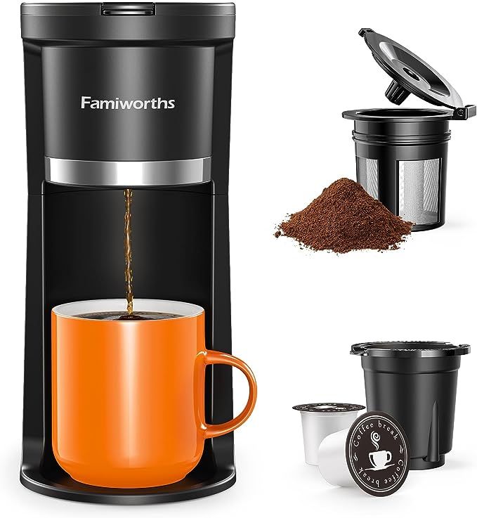 Famiworths Mini Coffee Maker Single Serve, Instant One Cup for K Cup & Ground Coffee, 6 to 12 Oz ... | Amazon (US)