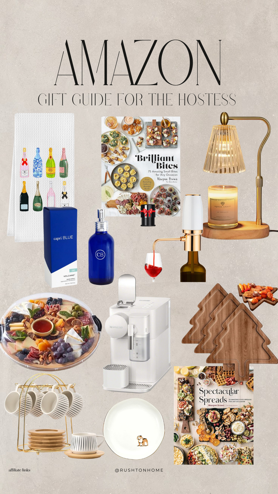 Amazon hostess gifts, hostess gift ideas, gift ideas for entertainers, charcuterie board gifts, cookbook gift ideas, Brilliant Bites cookbook, Spectacular Spreads cookbook, wine accessories amazon, kitchen gift ideas, champagne tea towels, Nespresso machine white, glass cloche tray, tree cutting boards, cozy candle gifts, capri blue volcano spray, amazon home gifts, gifts for party host, amazon holiday hostess gifts 

 #LTKGiftGuide #LTKHoliday #LTKSeasonal
