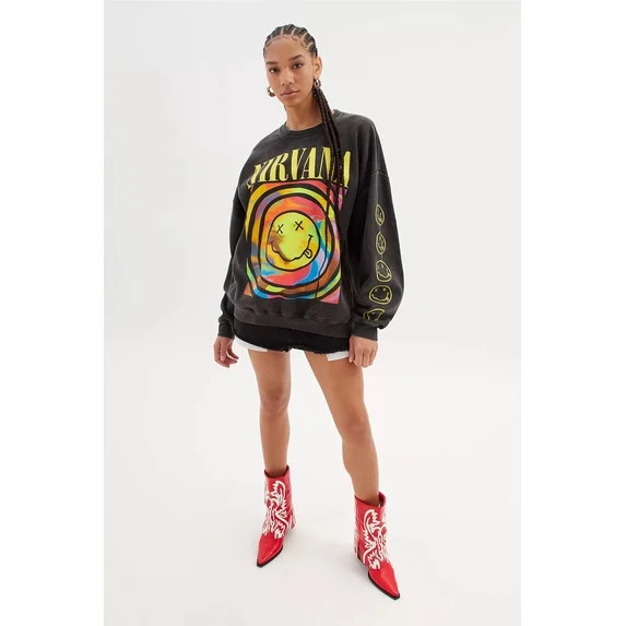Urban Outfitters Women's Smile Overdyed Oversize Crew Neck Sweatshirt (Large/X-Large, Black Pigme... | Walmart (US)