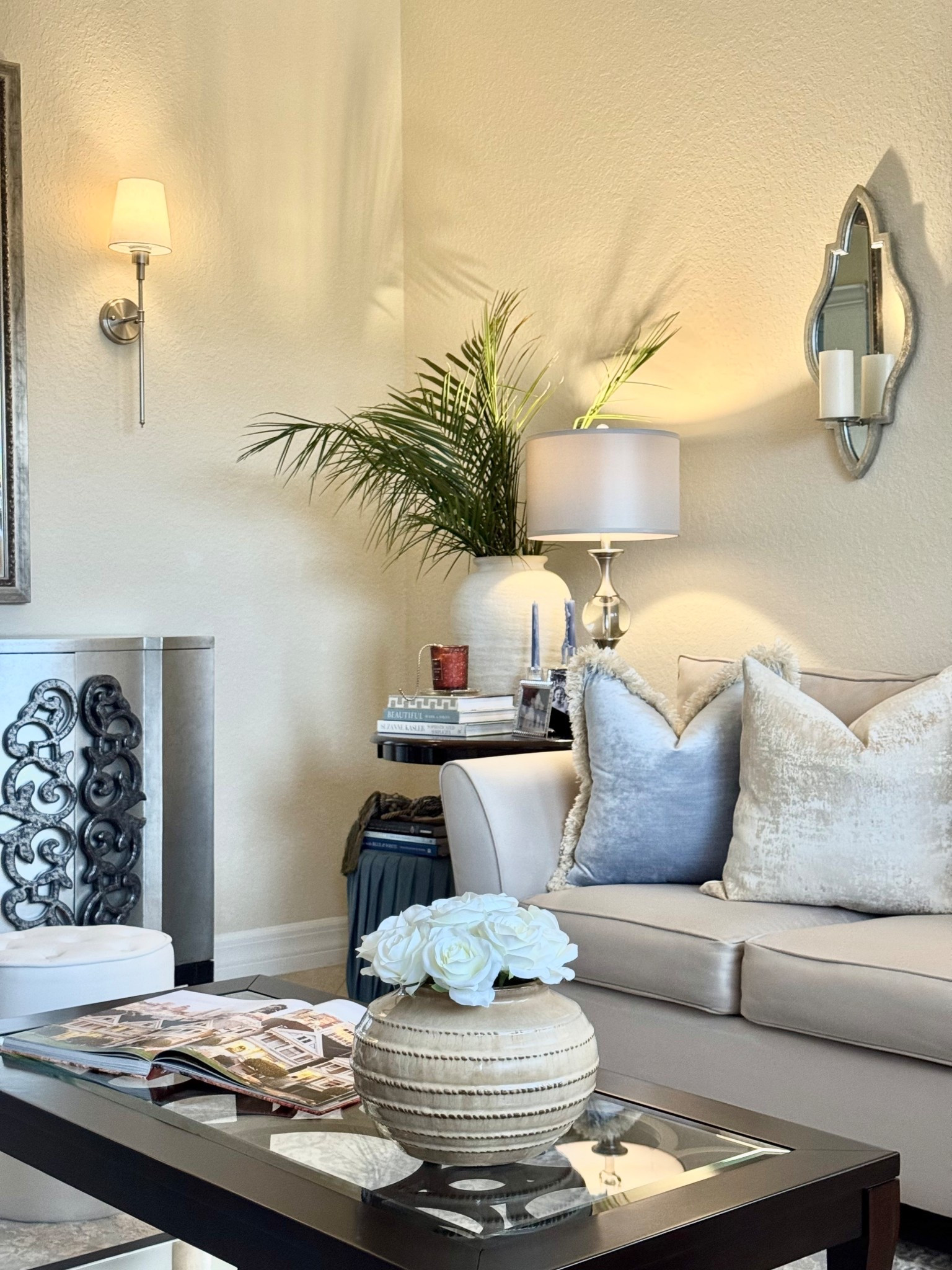 Our cozy living room view with a beautiful blend of warm neutrals, classic blues, rich wood tones, chrome & silver  fixtures, and fresh greenery!🩵💙🤎🩶🍃

Home Decor | Living Room Decor | Warm Neutral Decor | Classic Blues | Transitional Decor | Transitional Modern Coastal | Traditional Decor | Brown & Blue Decor | Classic Decor | Timeless Decor | Spring Decor

#LTKHome
