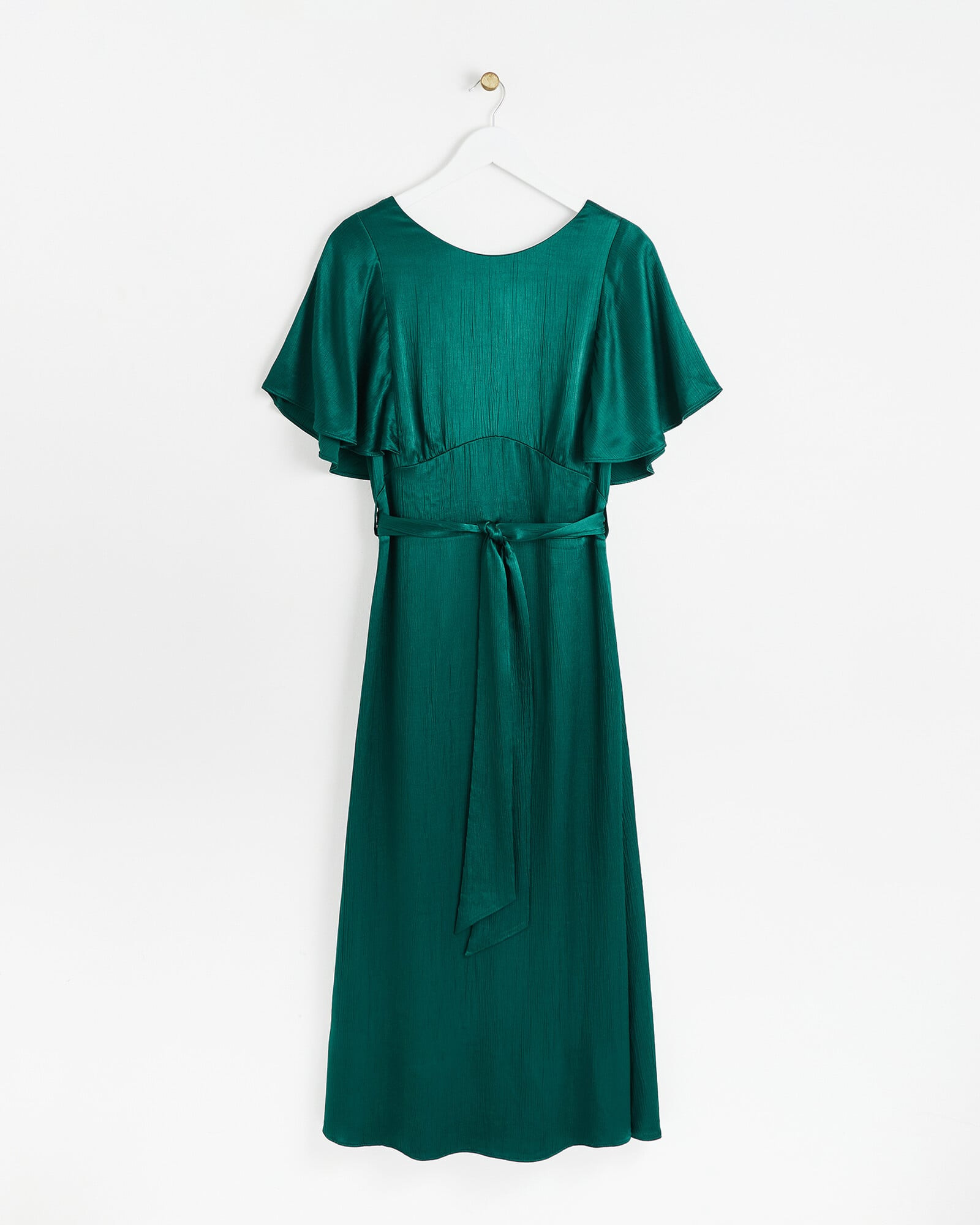 Crinkle Sleeve Dark Green Satin Midi Dress | Oliver Bonas (Global)