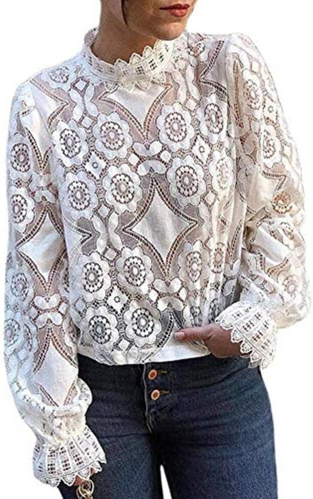 Womens Dressy Casual Long Sleeve Lace Tops, Sheer Mock Neck Business Casual Tops,Going Out Tops f... | Amazon (US)