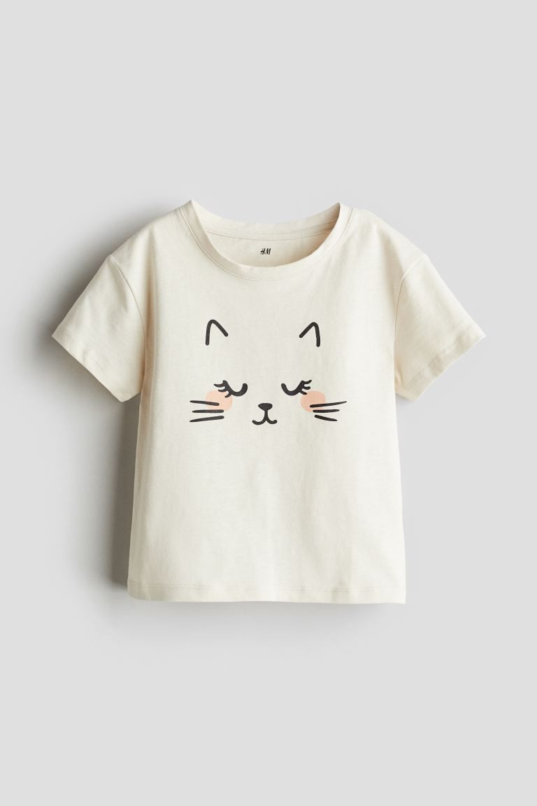 Printed T-shirt - Round Neck - Short sleeve - Natural white/cat - Kids | H&M US | H&M (US + CA)
