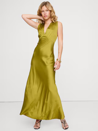 Stretch-Satin Cross-Back Maxi Dress | Banana Republic (US)