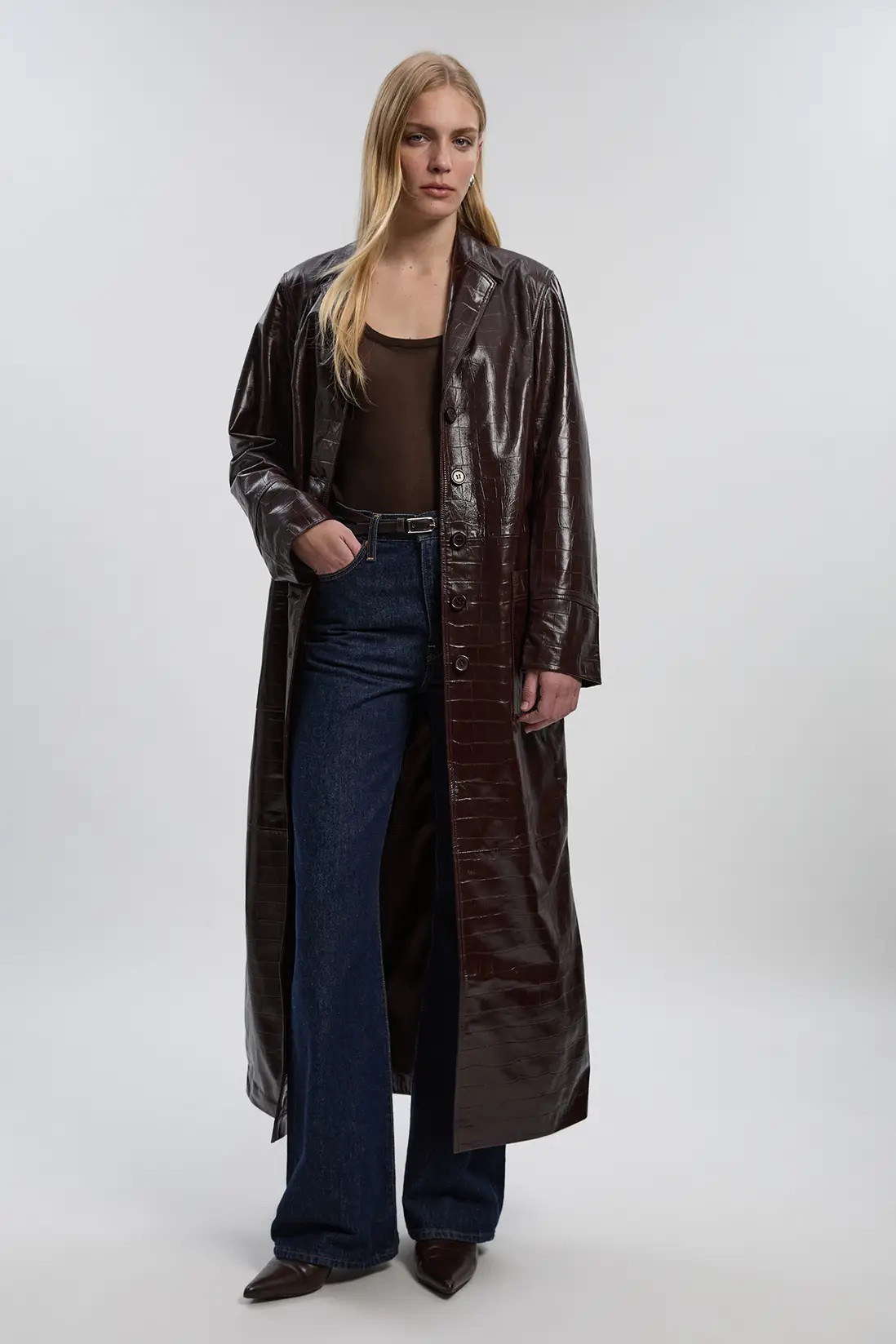 Jackets & Coats | High Shine Croc Embossed Leather Belted Trench Coat | KarenMillen | Karen Millen US