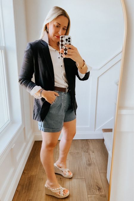 Denim Shorts

Frame pleated wide leg denim shorts. Wearing true size 29. Longer style, wider legs. 

Linen blazer

Valentino espadrille wedges. 

White short 

#classiclook #jeanshorts #momshorts #denimshorts #trouserstyle #workstyle 

#LTKstyletip #LTKworkwear #LTKover40