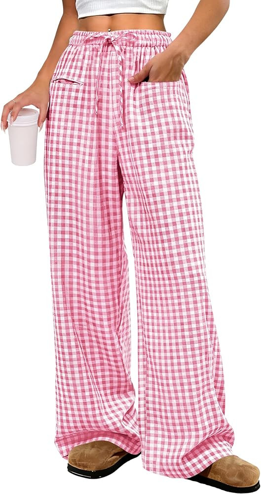 ANRABESS Womens Striped Gingham Pants 2026 Pajama Drawstring Wide Leg Lounge Plaid Pants Cute Cas... | Amazon (US)