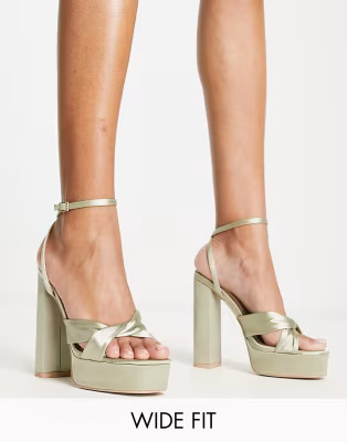 Be Mine Wide Fit Margot platform heeled sandals in sage satin | ASOS (Global)