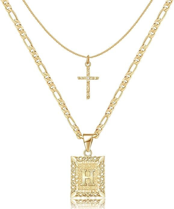 KELORIS PATH Gold Layered Initial Cross Necklace, 14K Gold Plated Layering Square Letter Pendant ... | Amazon (US)