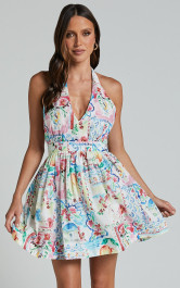 Duncan Mini Dress - Halter Neck Empire Waist Dress in Vacay Print | Showpo (US, UK & Europe)