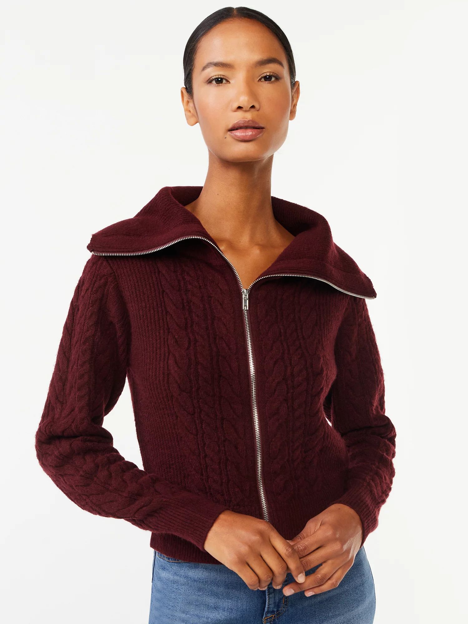 Scoop Women's Zip Front Cable Knit Sweater | Walmart (US)