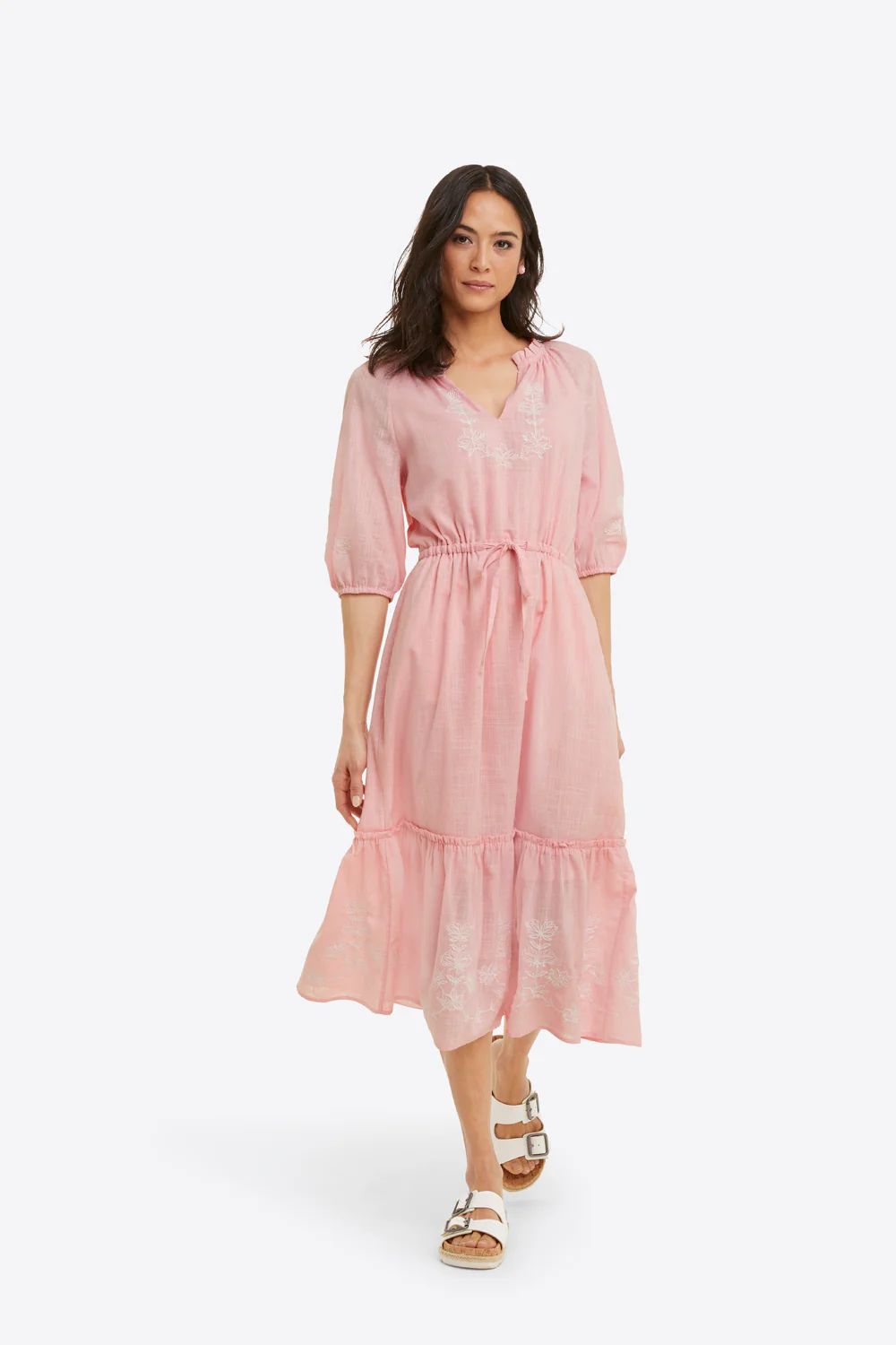 Tie Waist Midi Dress in Pink Embroidered Floral | Draper James (US)