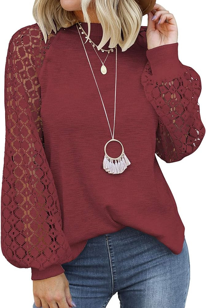 MIHOLL Women’s Long Sleeve Tops Lace Casual Loose Blouses T Shirts | Amazon (US)