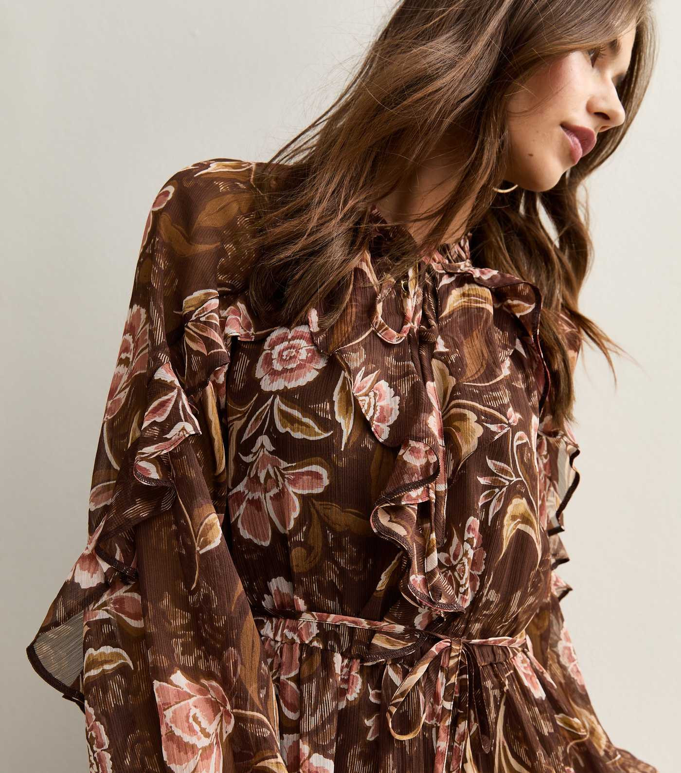 Brown Floral Print Ruffled Chiffon Midi Dress | New Look | New Look (UK)