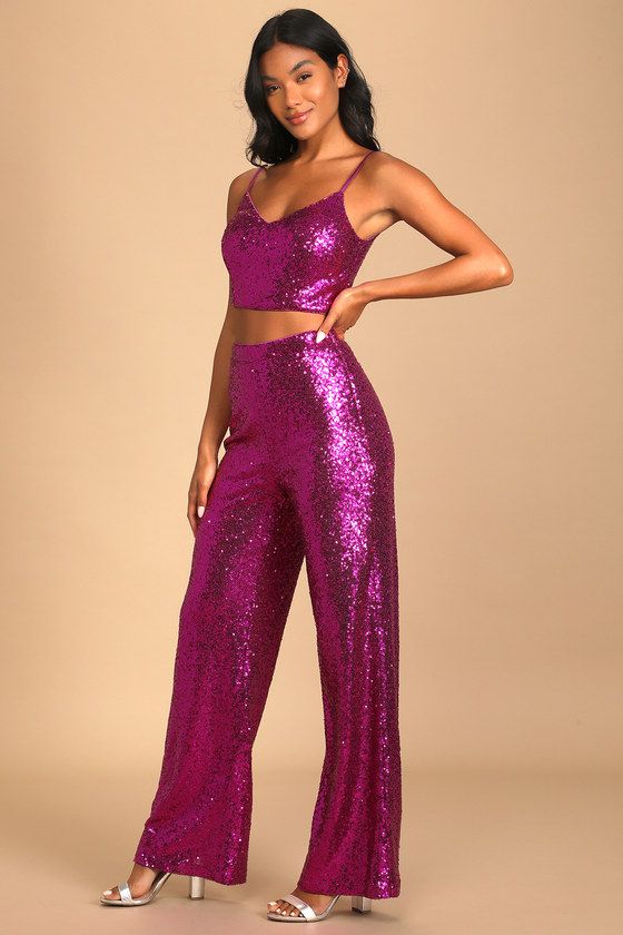 Twice the Glam Magenta Sequin Lace-Up Two-Piece Jumpsuit | Lulus (US)