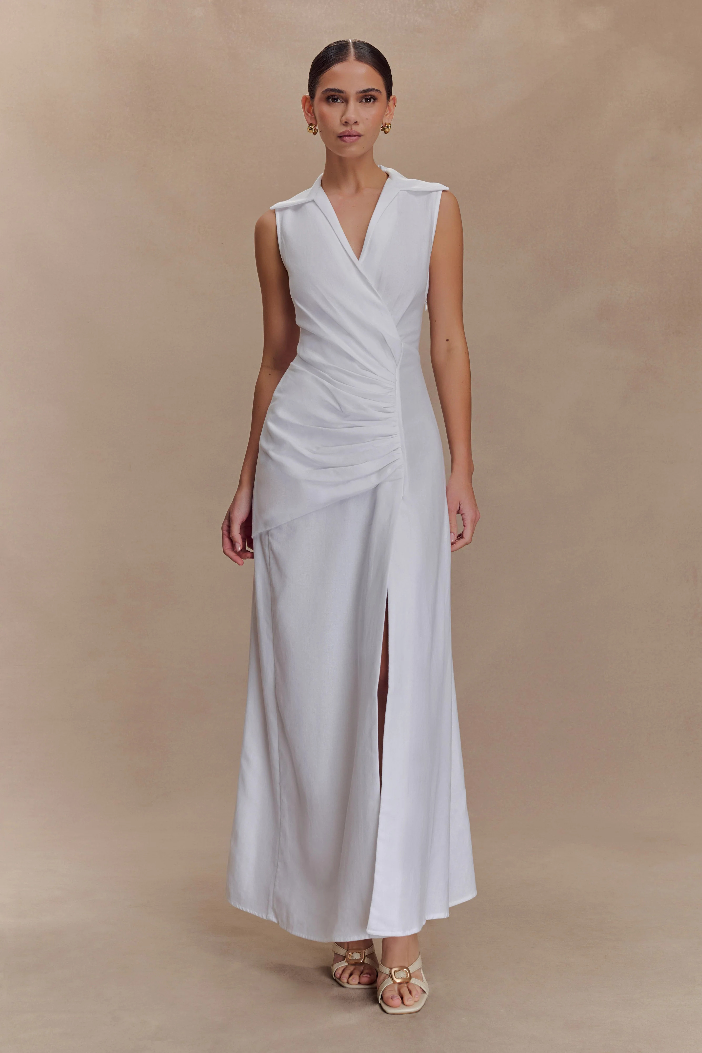 Dante Ruched Linen Midi Dress - White | MESHKI US