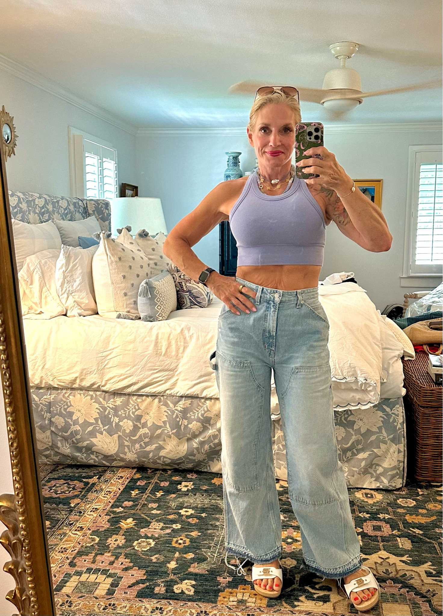This naught just be my all time favorite bra top from ALO, but absolutely top 3!! It’s so comfortable AND I love that it’s not so skimpy that I can throw it on with a pair of jeans when I’m not in the gym! I’d say it runs a bit on the small size, so consider sizing up! Love these Edwin carpenter pants, I oversized these to a 28 for extra room but did take in the waist (https://edwin-usa.com/collections/edwin-denim-relaxed) These comfy casual pieces are perfect with the re-invented, CLASSIC… Dr Scholl sandal! They come in whole sizes only; I wear an 8.5 normally, a 39 in these! ♥️

#LTKOver40 #LTKFitness #LTKActive
