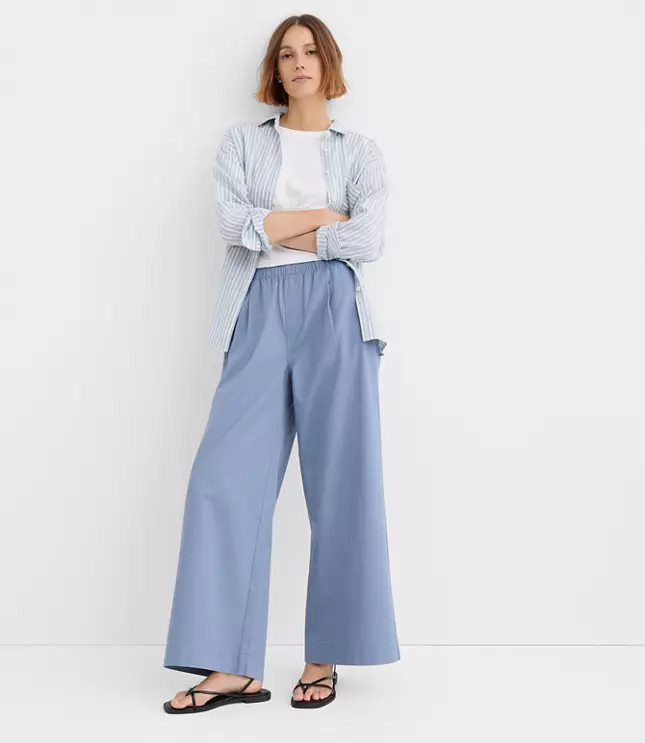 Pleated Pull On Wide Leg Pants in Twill | LOFT