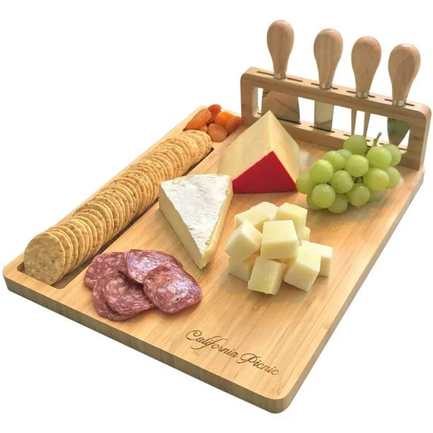Organic Bamboo Wood Charcuterie Platter Serving Board Cheese Tray with Cutlery | Walmart (US)