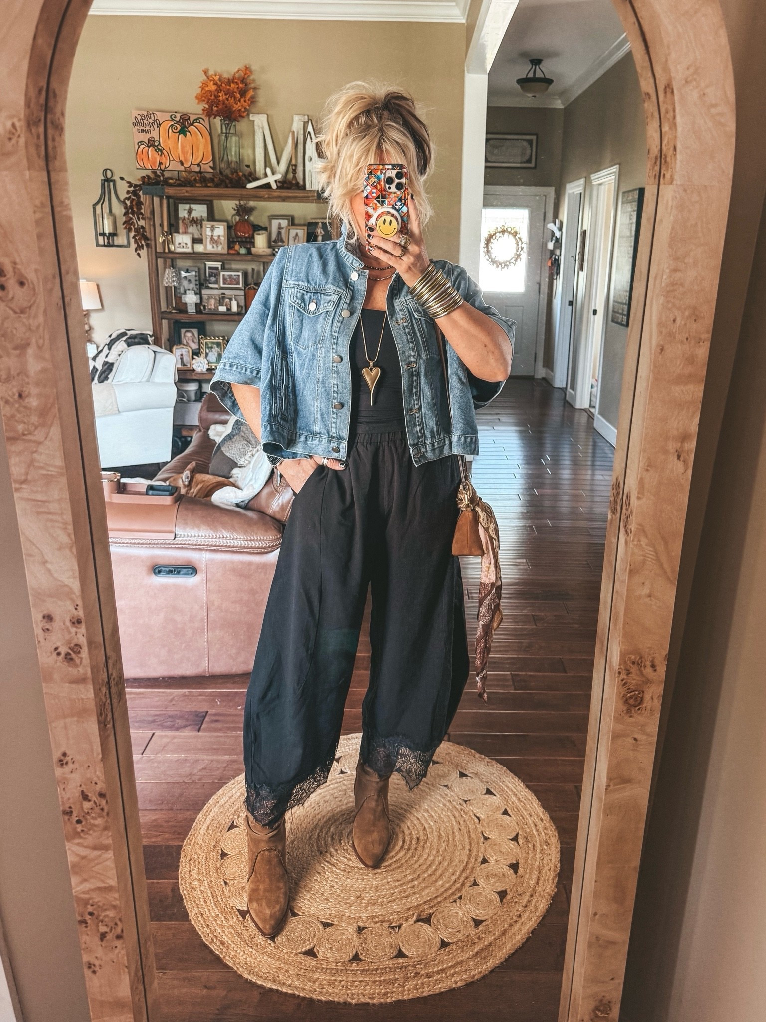 This denim jackets is amazing! Also love these look for less pants too! Perfect early fall fit! 🍂🍁
Denim jackets S 
Tank M (very fitted so size up if you don’t want it so tight. 
Pants M
Boots true to size 
✨Save w/ code MANDIE on my shorter beaded necklaces

#LTKOver40 #LTKgrwm #LTKootd