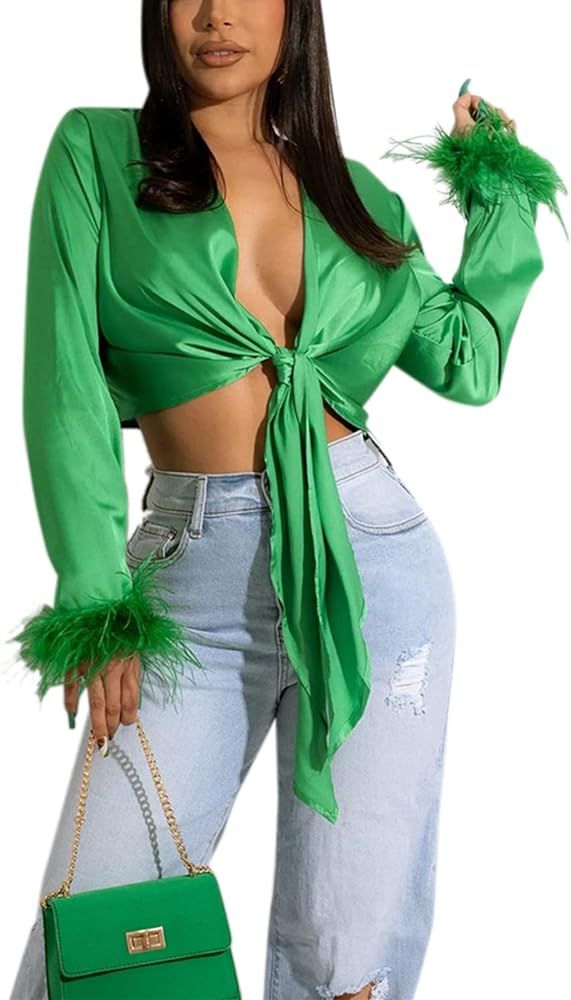 ZGMYC Women Sexy Deep V Neck Satin Blouse Feather Long Sleeve Front Bow Tie Crop Top Shirt | Amazon (US)