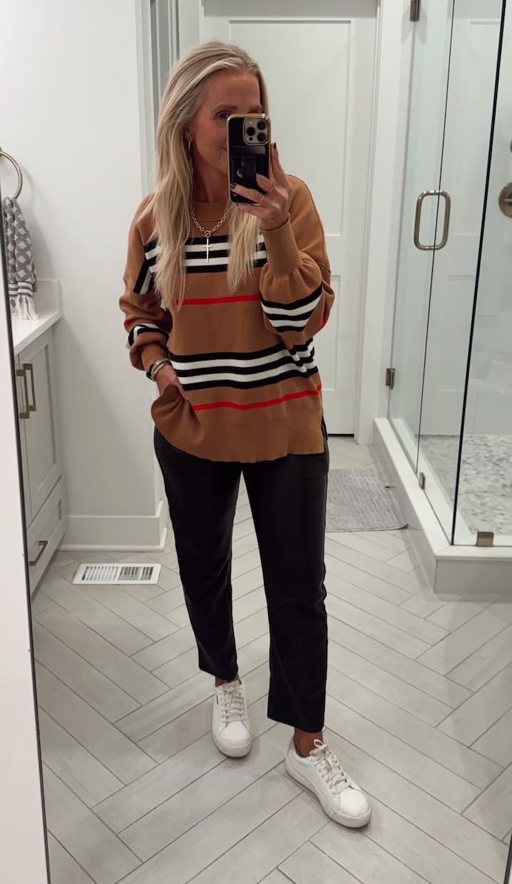 I'm wearing a medium in the sweater - it's so soft! Size small ankle length in the drawstring faux leather pants. They are very comfortable.

#LTKFindsUnder50