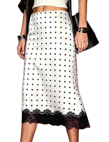 Yimoon Satin Skirts for Women Silk Midi Skirt Flowy Lace Skirt(DotWhite-S) | Amazon (US)