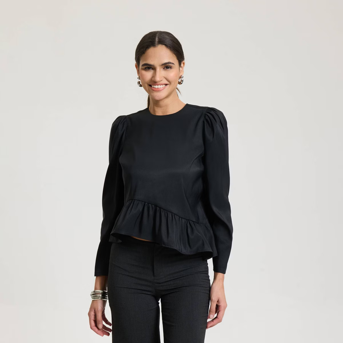 Women's Puff Sleeve Peplum Top - A New Day™ Black | Target