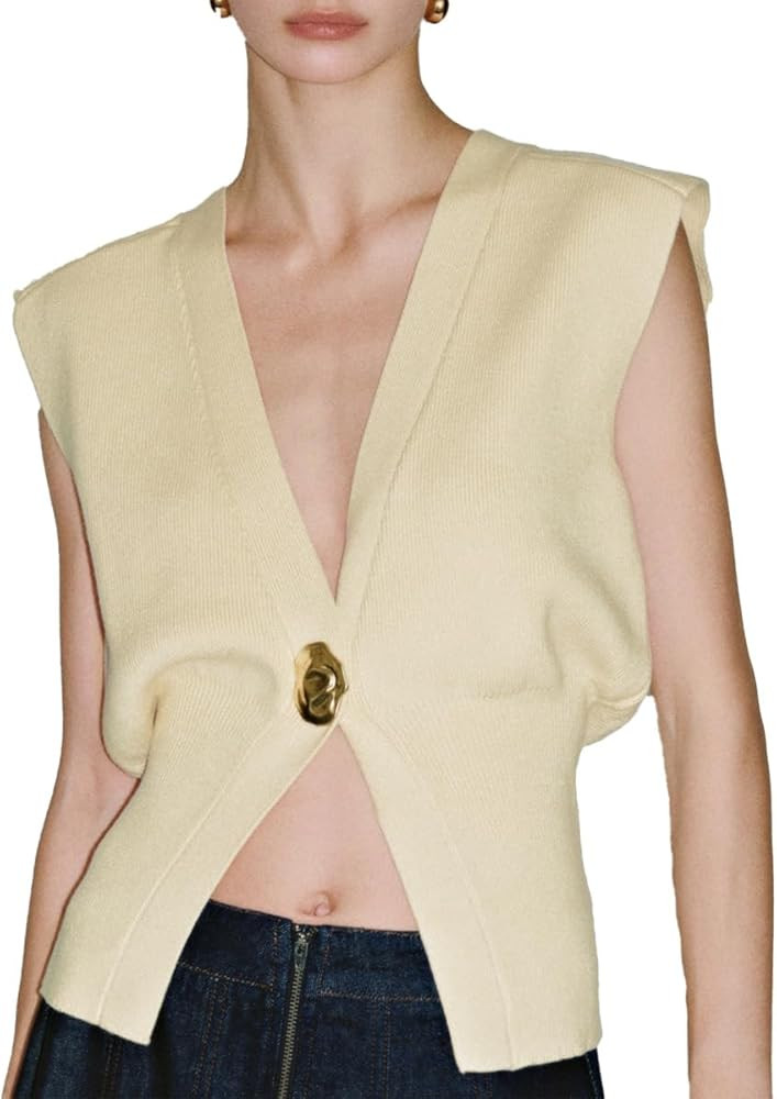 URBAN REVIVO Women's Sweater Vest Sleeveless V-Neck Knit Tops Lightweight with Gold Leaf Button D... | Amazon (US)