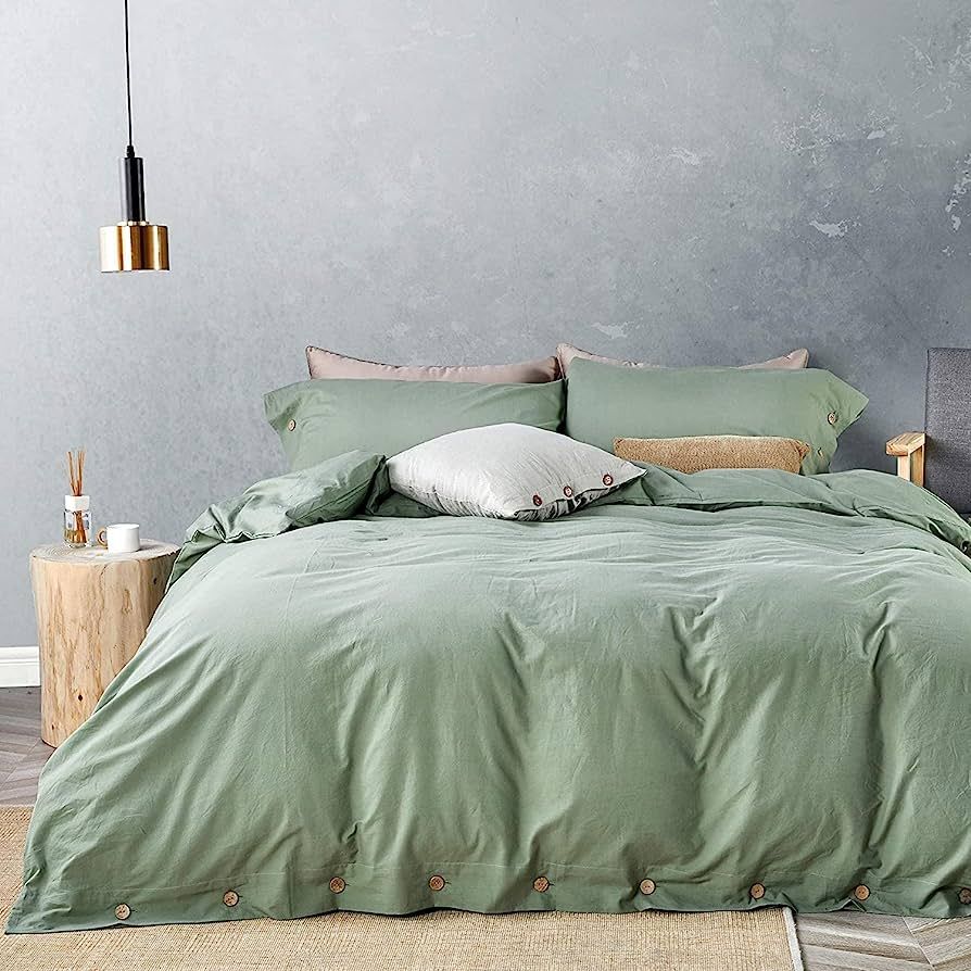 JELLYMONI Green 100% Washed Cotton Duvet Cover Set, 3 Pieces Luxury Soft Bedding Set with Buttons... | Amazon (US)
