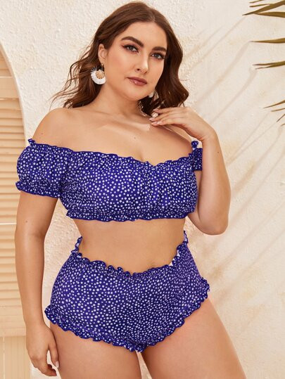 Plus Ditsy Floral Frill Bardot Bikini Swimsuit | SHEIN