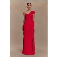 Tamara Shirred Chiffon Midi Dress - Red I MESHKI I Size M | MESHKI US