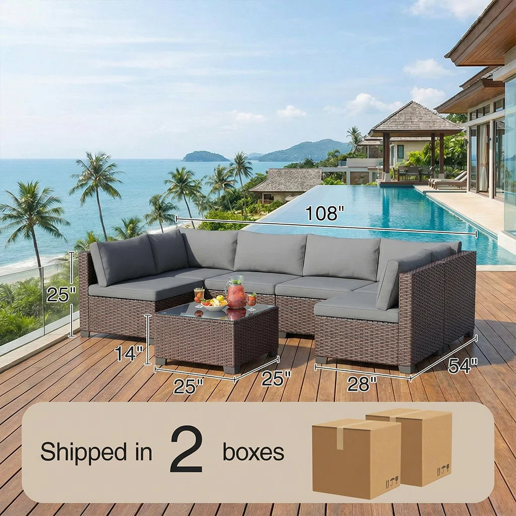 7-Piece Silverts Rattan Patio Set: Slanted Backrest, Weather-Resistant Frame & Cushions | Wayfair North America