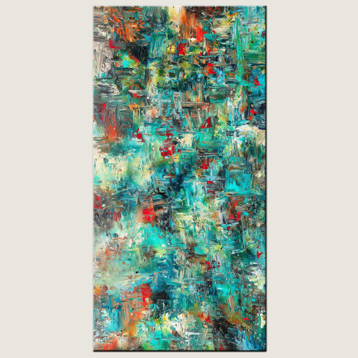 oversized abstract canvas painting in blue teal and turquoise