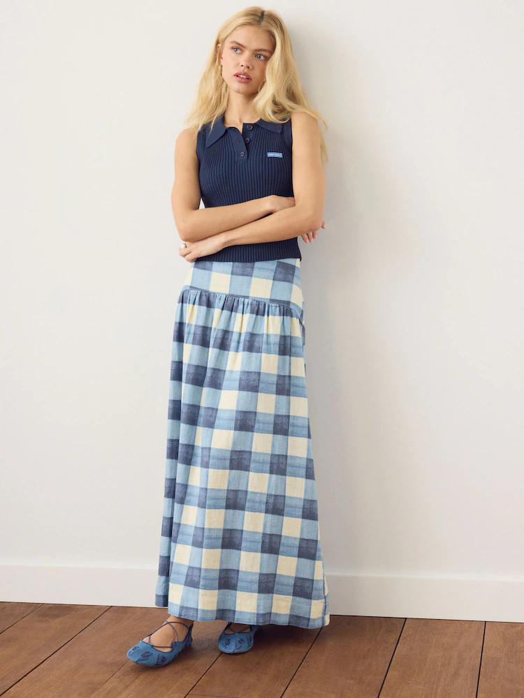 Blue/Ecru Gingham Drop Waist Linen Blend Maxi Skirt | Next US